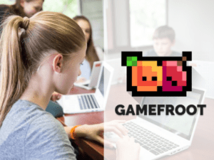 Niña en ordenador con imagen gamefroot