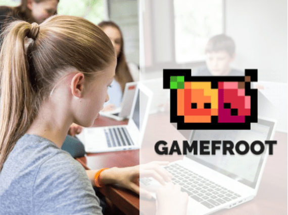 Niña en ordenador con imagen gamefroot