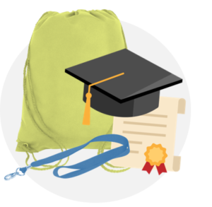 Imagen mochila, diploma y lanyard